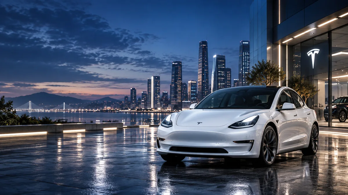Modern şehirde beyaz Tesla araç